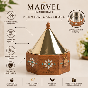 หม้ออุ่นอาหารไม้เนื้อดีพรีเมียมจาก Marvel Handicraft พร้อมฝาปิดสแตนเลสสีทอง สำหรับเสิร์ฟอาหารที่บ้าน - Product Image 2