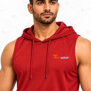 Men's <b>Red</b> Sleeveless Hooded <b>Tank</b> <b>Top</b> Quick Dry Polyester Sporty Front Logo Print Knitted Hoodie Vest Men Hooded <b>Tank</b> <b>Top</b> - Product Image 5