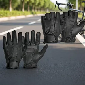 Gants de conduite unisexes en cuir noir à demi-doigts, respirants, perforés, avec sangle de poignet réglable, utilisables toute l'année - Product Image 5