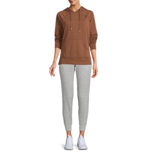 Sweat à capuche décontracté pour femme en molleton 100 % coton, marron et blanc, avec cordon de serrage et poche kangourou, à manches longues - Product Image 2