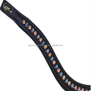 Bande de front de cheval rembourrée en cuir de selle anglaise noire décorée de cristaux de verre ronds diamante bling bridle brow band - Product Image 2
