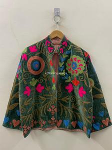 Hand Embroidered Floral Velvet Coat Bohemian Style Turn-down Collar Batwing Sleeve Plus Size Women's Autumn Outerwear - Product Image 3