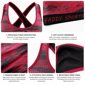 Custom Red Black Charcoal Grey Abstract Print Racerback Sports <b>Bra</b> High Support Women Gym Fitness Training Activewear Gym <b>Bra</b> - Product Image 2