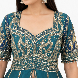 Women's Royal Afghan Kuchi Dress With Traditional <b>Blue</b> Accents Heavy Embroidered Gown For Special Events Afghan Kuchi Dress - Product Image 5