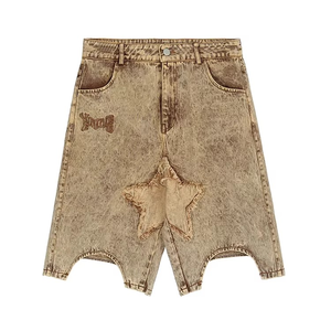 Shorts en jean pour hommes avec patch étoile personnalisé, style streetwear hip-hop, rétro, vente en gros - Product Image 1