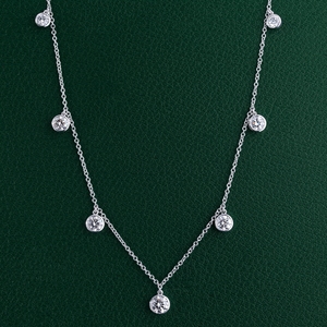 Modern Dangling Brilliant Cut Diamond Station <b>Necklace</b> Lab Grown Stones IGI Certified Bezel Settings <b>Delicate</b> Solid Gold Link - Product Image 1