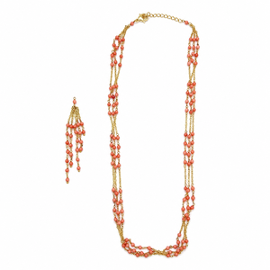 Custom Rhodium Plated <b>Necklace</b> Coral Pink Gemstone Bead Multi Strand Layered <b>Long</b> Haar Chain Fine Heritage Women Luxury Gift - Product Image 2