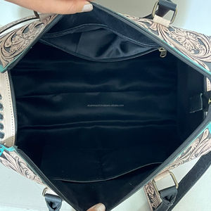 Hand-Tooled Cow Leather Large Speedy Duffel Bag with Turquoise Checkered <b>Heart</b> Western Design Custom Travel <b>Handbag</b> for Women's - Product Image 6