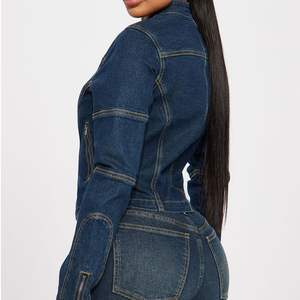 Womens Denim Bomber Jacket Light Blue Full Sleeve Covered Button Closure <b>Turn</b>-down Collar Winter Style Woven Fabric Logo Cotton - Product Image 4