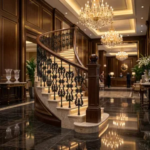 European Style <b>Wooden</b> Curved Staircase Handrail with Black Wrought Iron Balusters - Product Image 1