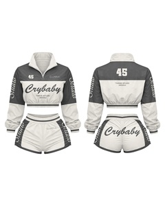 Ensemble de survêtement coupe-vent court personnalisé pour femme avec veste à quart de zip et short, vêtements de sport OEM sous marque privée - Product Image 2