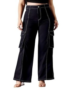 Black Stretch Denim Women's <b>Boot</b> Cut Jeans Mid Waist Knee Length Vintage Style Eco-Friendly Washable Color Fade Proof - Product Image 1
