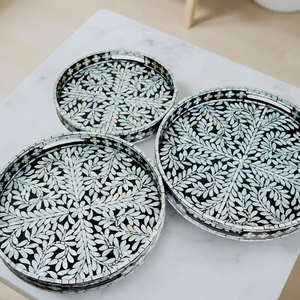 Bandeja con Incrustaciones de Madreperla, Bandeja Redonda Decorativa para Servir, Bandeja con Diseño de Hojas, Decoración para Mesa de Centro por PERFECT ENTERPRISES - Product Image 2