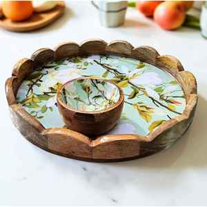 Plateau rond décoratif artisanal en bois, motif floral Art Déco, pour thé, café et collations, utilisation multifonctionnelle pour mariage - Product Image 3