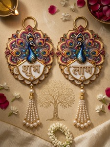 Decoración Artesanal 3D de Pavo Real Shubh Labh en MDF para Colgar en la Pared, Tradicional Decoración India para el Festival Diwali, Mandir Pooja, Hogar y Oficina, Venta al Por Mayor - Product Image 3