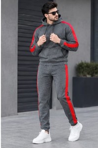 Chándal con Capucha para Hombre, Color Gris y Rojo, Estilo Urbano, Mangas Largas, Bolsillos Laterales con Cordón, Ropa de Invierno, 100% Algodón Felpa - Product Image 5