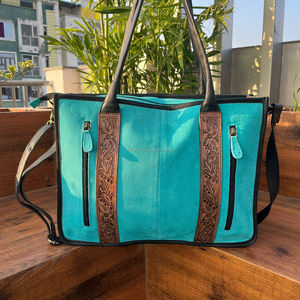 Nouveau sac fourre-tout en cuir suédé Turquoise usiné à la main sac fourre-tout dissimulé pour ordinateur portable sac à main en cuir véritable de qualité supérieure pour femmes - Product Image 5