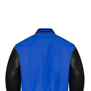Men's Blue Varsity <b>Jacket</b> With Black PU Sleeves Stand Collar Casual Autumn Wear Regular Fit Button Closure - Product Image 2