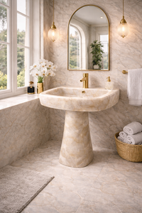 Vasque de salle de bain sur piétement en onyx naturel de luxe avec robinet doré, lavabo moderne en marbre - Product Image 3