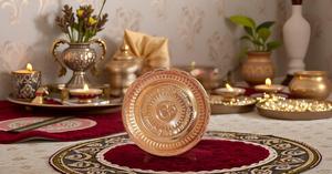 Golden Brass 5-Inch Handcrafted Puja Plate Art Deco Aarti Pujan Thali Prashad Chandan Articles for Religious Weddings Ramadan - Product Image 1