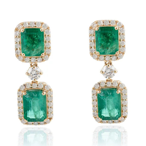 <b>Fine</b> Dangle <b>Earrings</b> 3.77 Ct Real Emerald and Halo Diamond 18K Gold - Product Image 2