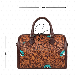 Bolso Boston de Cuero Repujado Estilo Southwest para Mujer, con Detalles Florales en Turquesa, Bolso de Viaje Vintage con Correa para el Hombro - Product Image 3
