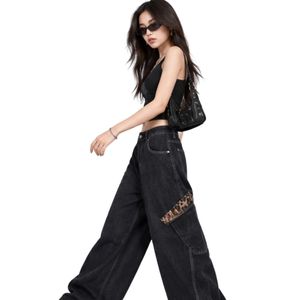 Women's Black <b>Baggy</b> Wide Leg <b>Jeans</b> with Leopard Print Patch High Waist Washed Denim Pants Trendy Y2K Streetwear Trousers - Product Image 3