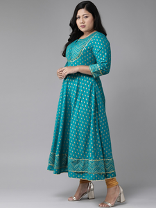 Kurta Anarkali en coton à fleurs turquoise, grande taille, pour femme, tenue de tous les jours, col en V, manches trois quarts, légère - Product Image 3
