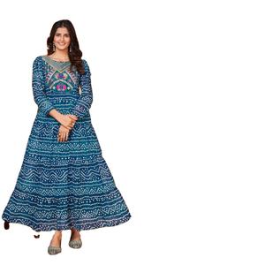 Attrayant Designer Rajasthani Motif Plancher Travail O Cou Laheriya Travail Top Vente Partie Porter Tissu Indien Avec Petit Budget - Product Image 1