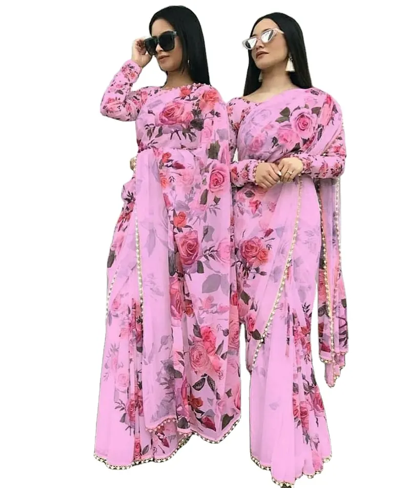 Saree com estampa digital de joa falsos para mulheres indianas, com borda de pérolas, renda e flores, roupa de festival com estampa digital