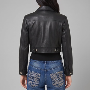 Crop Length Turn Down <b>Collar</b> <b>Women</b> Genuine Goatskin Leather Jacket Button Closure Sample And Customization Available - Product Image 4