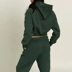 Women's Dark Green Cropped Hoodie Jogger Pants 2 Piece Eco-friendly Breathable 100% Cotton Tracksuit Set Casual Fleece <b>Sweat</b> - Product Image 2