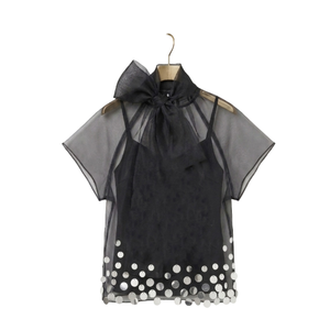 Oferta Especial: Blusa de Organza de Color Sólido con Patrón de Puntos, Cuello en V Profundo y Manga Larga para Mujer, Ideal para Primavera/Verano - Product Image 3
