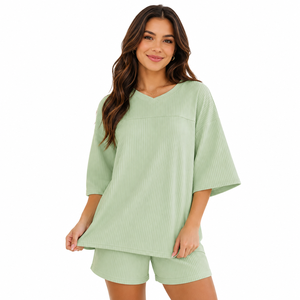 Women’s Ribbed Knit <b>Short</b> Sleeve Loose Fit Top and Above Knee <b>Shorts</b> Two Piece Set Casual Summer <b>Lounge</b> Wear - Product Image 1