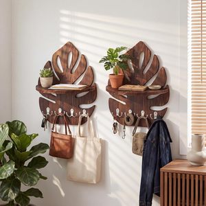 Juego de 2 estantes de pared con forma de hoja de Monstera con soporte para llaves, 15.8 x 12.4 pulgadas, estantes flotantes de madera rústica, decoración de pared tropical estilo boho. - Product Image 2