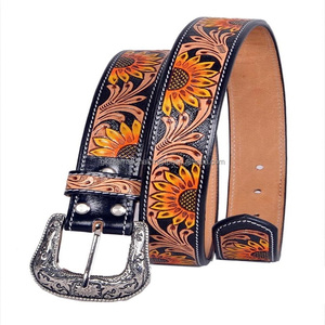 Hand <b>Tooled</b> Pattern Sunflower <b>Engraved</b> Men's Western Leather <b>Tooling</b> Belt with Attractive Single Prong Brass Buckle Cowboy Belt - Product Image 4