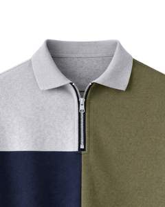 Polo de manga corta para hombre, personalizado por el fabricante, con media cremallera, en bloques de color gris claro, azul marino y verde oliva, tejido informal, OEM. - Product Image 5