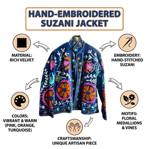 Chaqueta Suzani de Diseño Abstracto para Mujer, Bordada a Mano, de Algodón y Terciopelo, Estilo Étnico Moderno, Boho Chic, Prenda Exterior de Lujo, Túnica Artesanal - Product Image 6