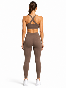 Ensemble de yoga 2 pièces : Crop top dos nageur et Legging long taille haute côtelé sans couture en Spandex et Polyester extensible dans les quatre sens - Product Image 2
