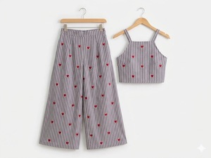 ชุดเซ็ตผ้าฝ้ายพิมพ์ลายสำหรับผู้หญิง เสื้อครอปท็อปลายทาง กางเกงขายาวทรงปาลาซโซ่ ชุดลำลองใส่เที่ยวพักผ่อนฤดูร้อน - Product Image 2