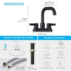 Rubinetti per lavabo a 3 fori, neri opachi, con 2 maniglie, interasse 4 pollici, con scarico a scomparsa e tubi di alimentazione acqua - Product Image 4