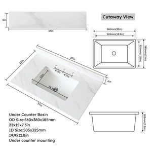 37 Inch White Marble Vanity Top Pre-Drilled Faucet Holes Rectangular Bathroom Vanity Top Undermount for Midd-sized Bathrooms - Product Image 1
