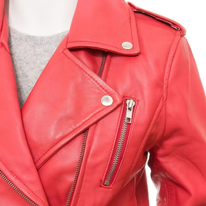 Red Leather Waterproof Thick Moto Jacket Women's Full Sleeve <b>Stand</b> Collar Zipper Closure Autumn Fashion Style Solid Color - Product Image 2