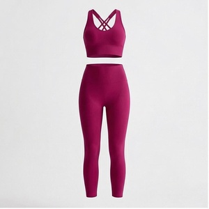 Conjunto de Yoga de 2 Piezas, Top Corto con Tirantes Cruzados, Leggings Largos de Cintura Alta, Ropa Deportiva Transpirable sin Costuras para Mujer - Product Image 1