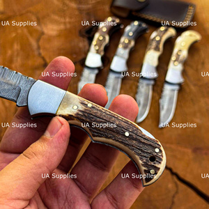 Couteau pliant artisanal de haute qualité en acier Damas, pointe tombante, épaisseur 0,5 mm, verrouillage arrière, manche en corne de cerf, pour activités de plein air, EDC, chasse, fabrication usine - Product Image 2