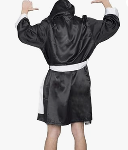 HAWK SPORTS INDUSTRIES Robe de boxe à capuche en satin noir avec bordure blanche, polyester durable, vêtements de sport confortables pour toutes les saisons - Product Image 6