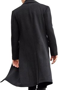 Manteau long élégant en laine pour homme, noir, col à revers, manches longues, chaud pour l'hiver, couleur unie, design ouvert sur le devant - Product Image 3