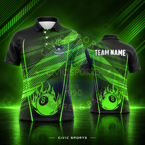 เสื้อโปโลแขนสั้นพิมพ์ลายดิจิตอลโพลีเอสเตอร์สำหรับทีม Civic Sports Men's Custom Black Green 8 Ball - Product Image 1