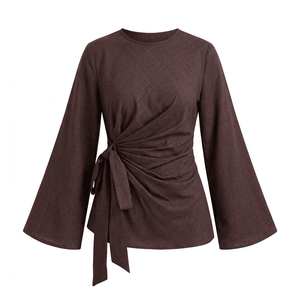 Chemisier décontracté pour femme, col en V, bleu marine uni, manches longues évasées, taille élastique avec ceinture, coupe ample en lin, idéal pour le bureau, toutes saisons - Product Image 6