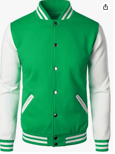 Men Green White Varsity Jacket Regular Fit Stand Collar <b>Covered</b> <b>Button</b> Closure Breathable Canvas 300g Embroidered High Street - Product Image 4